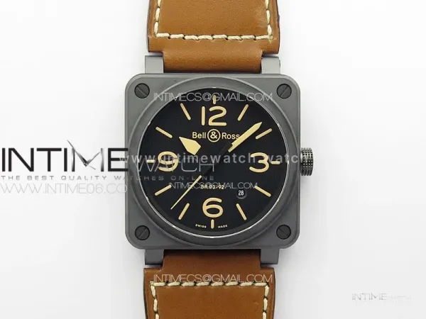 BR 03-92 Real Ceramic 1:1 Best Edition Black Dial Green Markers on Brown Leather Strap MIYOTA 9015