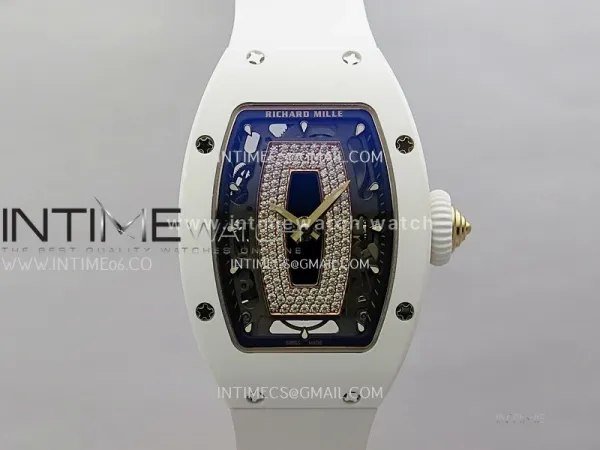 RM07 Real White Ceramic RG ZF Best Edition Black MOP Diamond Skeleton Dial On White Rubber Strap Asian CRMA2 Clone