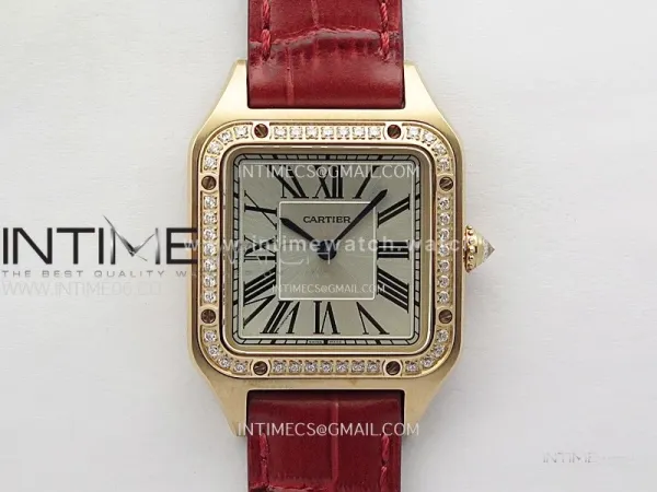 Santos Dumont 38mm RG/Diamonds Bezel F1F Best Edition Silver Dial on Red Leather Strap Quartz