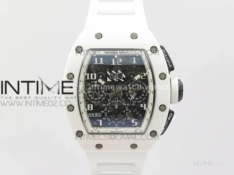 RM011 Carbon Case Chronograph KVF 1:1 Best Edition White Ceramic Bezel Skeleton Dial on White Rubber Strap A7750
