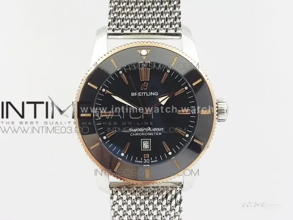 Super Ocean Heritage Blue Ceramic Bezel SS/RG Black Dial on SS Bracelet A2824