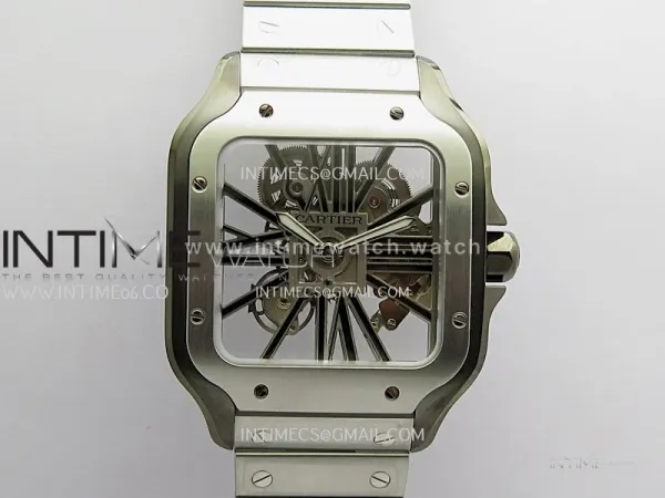 Santos Skeleton Black PVD Case RICH 1:1 Skeleton Black Dial On SS SmartLink Bracelet 9611MC Super Clone (Free Leather Strap)