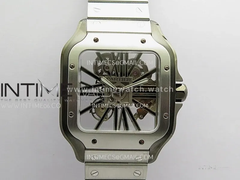 Santos Skeleton Black PVD Case RICH 1:1 Skeleton Black Dial On SS SmartLink Bracelet 9611MC Super Clone (Free Leather Strap)