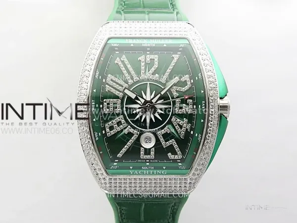 Vanguard V45 Full Diamonds ABF Best Edition Green Dial Diamonds Markers On Green Gummy Strap A2824