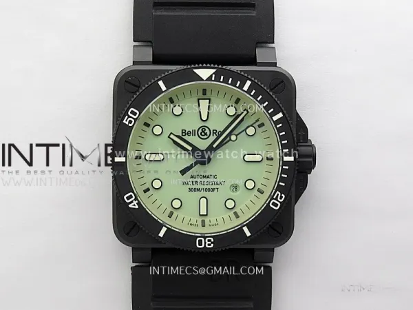 Instruments BR03A-D Ceramic M+F 1:1 Best Edition Green Lumed Dial on Rubber Strap MIYOTA 9015 (Free Nylon Strap) V3