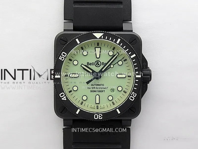 Instruments BR03A-D Ceramic M+F 1:1 Best Edition Green Lumed Dial on Rubber Strap MIYOTA 9015 (Free Nylon Strap) V3