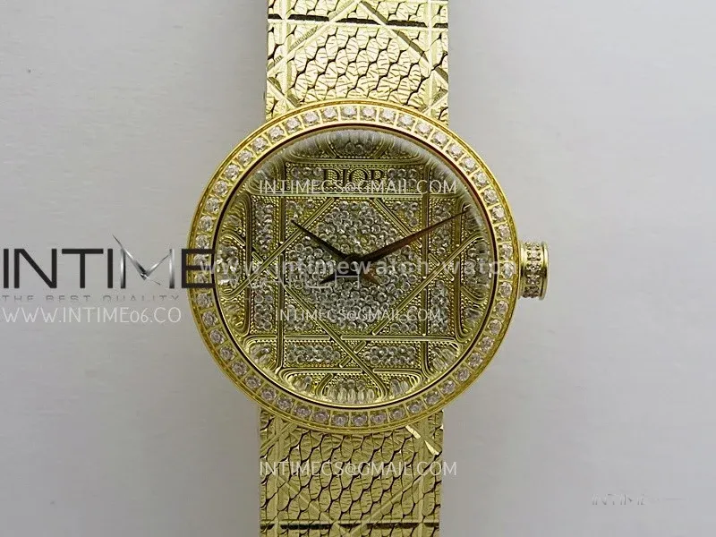 La D de Dior Satine 25mm Diamond Bezel YG 8848F 1:1 Best Edition Gold Dial On YG bracelet Swiss Quartz