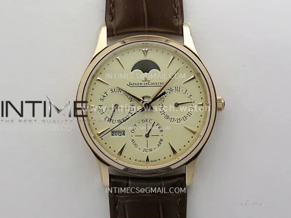 Master Ultra Thin Perpetual Calendar RG J Factory Best Edition Cream Dial on Brown Leather Strap A868