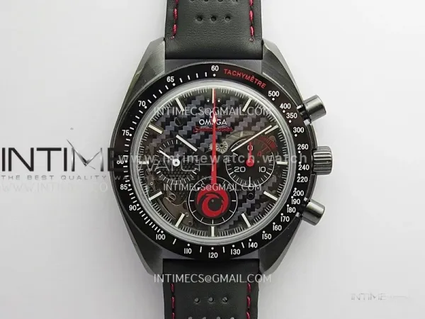Speedmaster 44mm Ceramic SMF 1:1 Best Edition Carbon Skeleton Dial On Black Leather Strap A3869 (Free Strap)