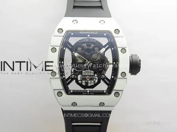 RM052 Skull White Carbon Real Tourbillon YSF 1:1 Best Edition Skull Dial on Black Rubber Strap