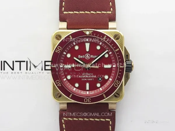 BR 03-92 Diver Ceramic Bezel Bronze B12 1:1 Best Edition Red Dial on Red Leather Strap A2824 (Free Rubber Strap)