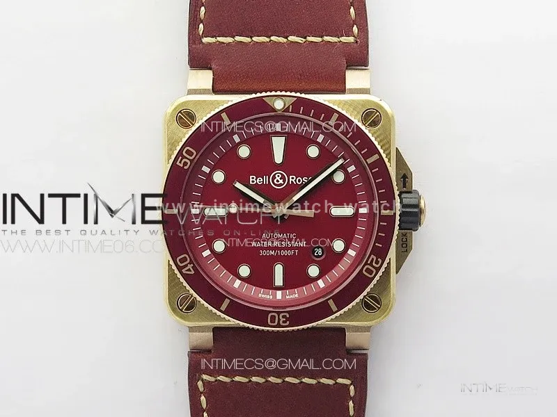 BR 03-92 Diver Ceramic Bezel Bronze B12 1:1 Best Edition Red Dial on Red Leather Strap A2824 (Free Rubber Strap)