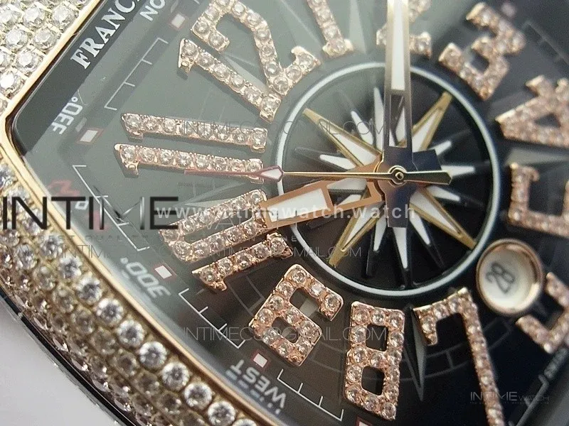 Vanguard V45 RG Full Diamonds Black Textured Diamonds Markers on Black Gummy Strap A2813