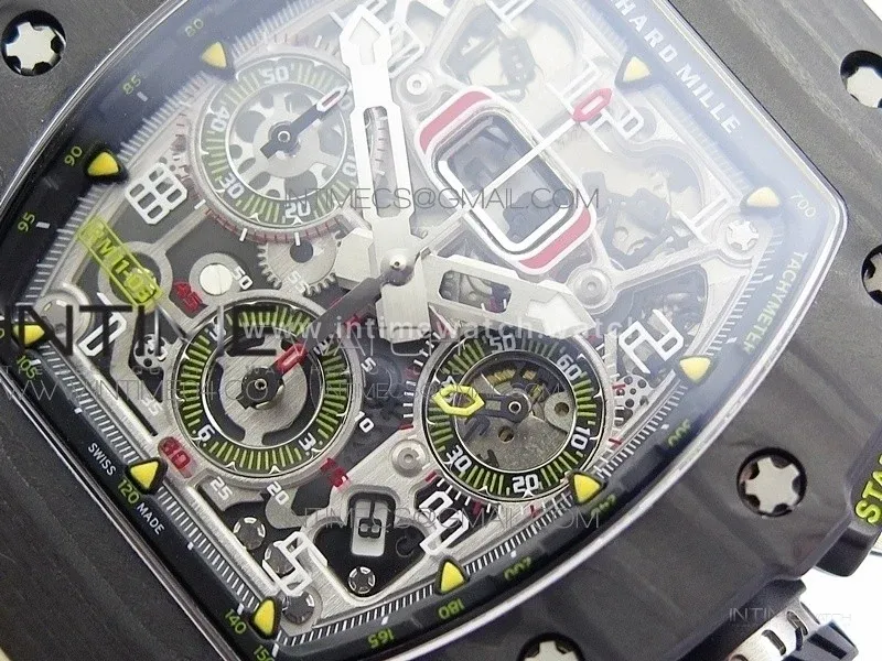 RM011 Carbon Case Chrono KVF 1:1 Best Edition Crystal Skeleton Yellow Dial on Camouflage Rubber Strap A7750