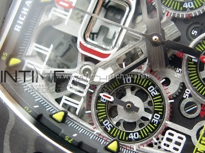RM011 Carbon Case Chrono KVF 1:1 Best Edition Crystal Skeleton Yellow Dial on Orange Rubber Strap A7750 V2