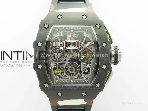 RM011 Carbon Case Chrono KVF 1:1 Best Edition Crystal Skeleton Yellow Dial on Camo Rubber Strap A7750 V2