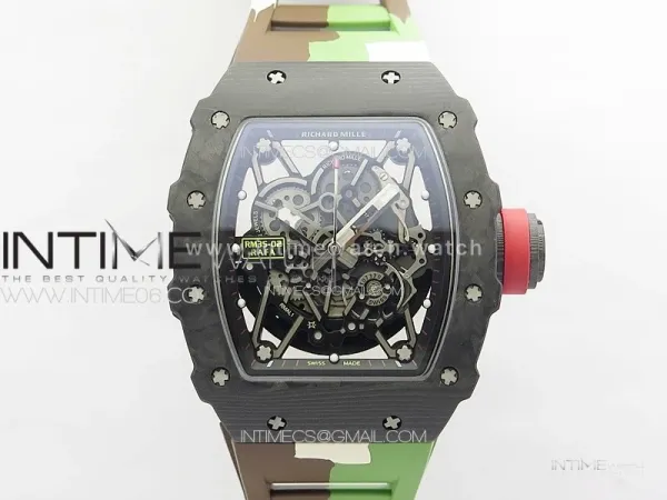 RM035-02 Forged Carbon Case KUF Best Edition Red Crown on Camouflage Rubber Strap MIYOTA8215