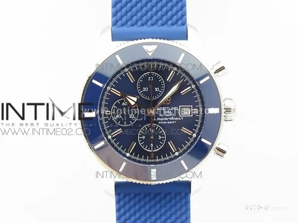 Super Ocean Heritage Blue Ceramic Bezel SS Blue Dial on Black Rubber Strap A7750