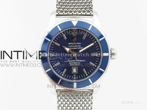 Super Ocean Heritage 46mm SS Blue Bezel Blue Dial on SS Mesh Bracelet A2824