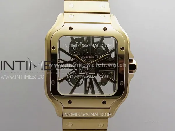 Santos Skeleton Black RG Rich Factory 1:1 Best Skeleton Dial On RG SmartLink Bracelet 9611MC Super Clone (Free Leather Strap)