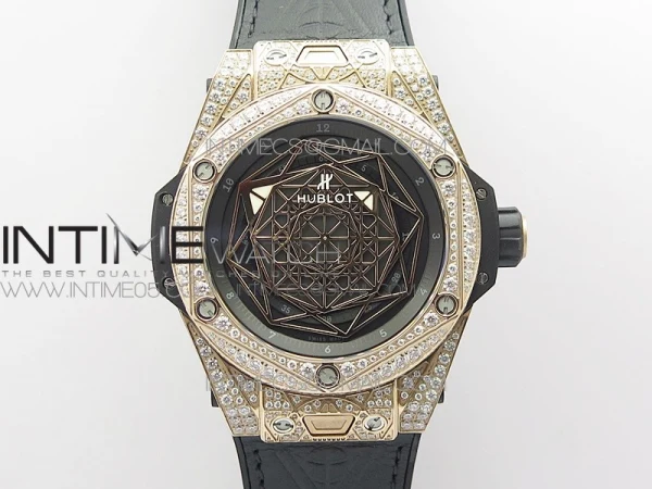 Big Bang Sang Bleu RG Ti Crystal Case Bezel WWF 1:1 Best Edition Black Skeletonal Dial On Black Gummy Strap Asian HB1213 V2