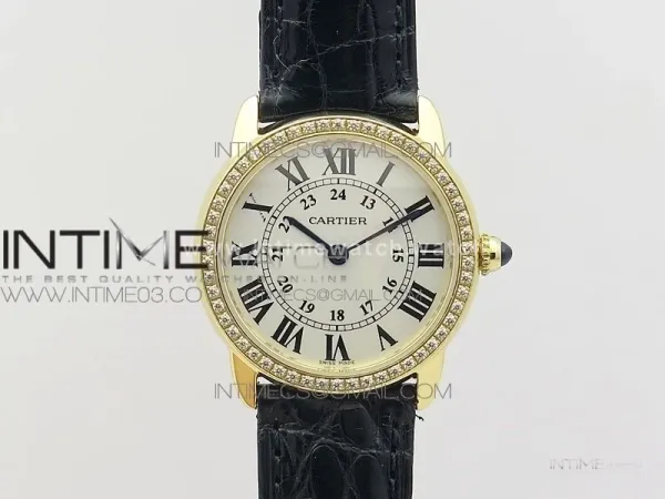 Ronde Solo de Cartier 29.5mm YG/Dia K11 1:1 Best Edition White Dial on Black Croco Leather Strap Ronda Quartz