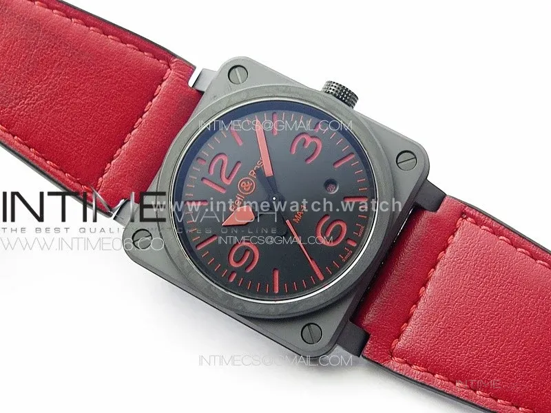 BR 03-92 Real Ceramic 1:1 Best Edition Black Dial Red Markers on Red Leather Strap MIYOTA 9015