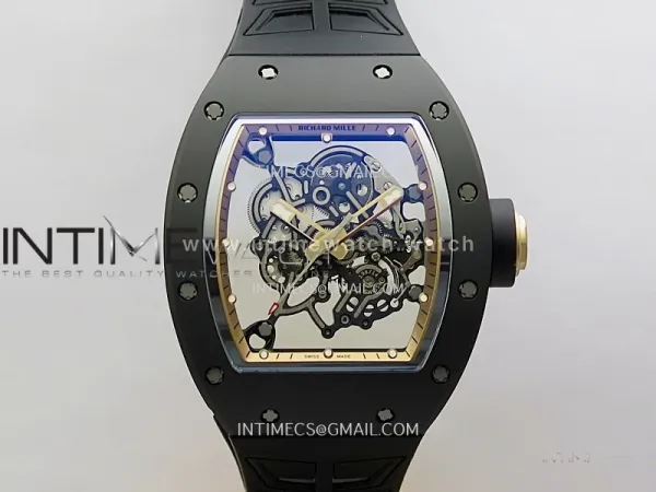 RM055 Black Crown RG Inner Black Ceramic ZF 1:1 Best Edition Skeleton Dial On Black Rubber Strap RMUL2 Super Clone