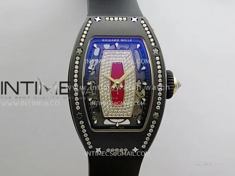 RM07 Real Black Ceramic Diamond Bezel YG ZF Best Edition Red MOP Diamond Skeleton Dial On Black Rubber Strap Asian CRMA2 Clone