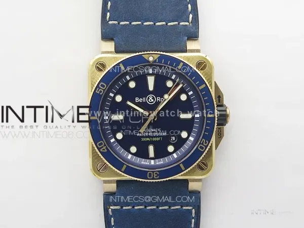 BR 03-92 Diver Ceramic Bezel Bronze B12 1:1 Best Edition Blue Dial on Blue Leather Strap A2824 (Free Rubber Strap)