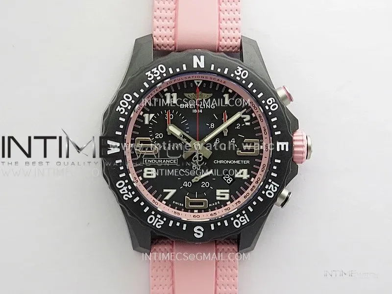 Professional Quartz Chrono Pink Inner Bezel 1:1 Best Edition Black Dial On Pink Rubber Strap Swiss Ronda