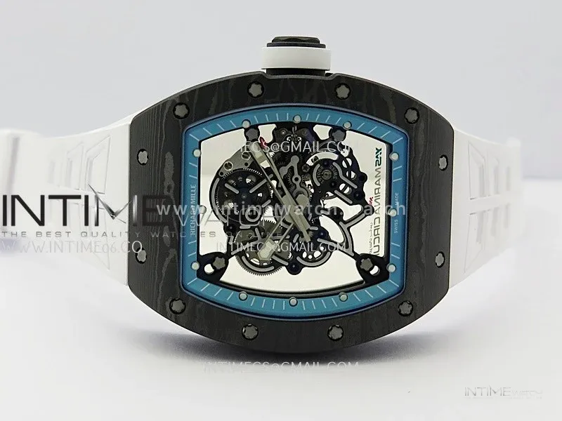 RM055 Blue Inner Bezel White Crown NTPT ZF 1:1 Best Edition Skeleton On White Shark Rubber Strap RMUL2 Super Clone