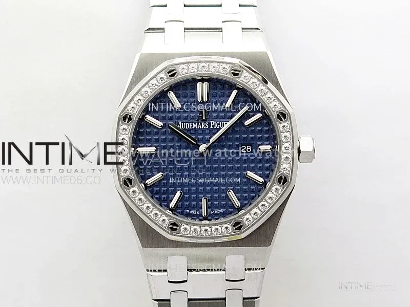 Lady Royal Oak 33mm 67651 Diamonds SS ZF 1:1 Best Edition Blue Textured Dial on SS Bracelet RONDA Quartz