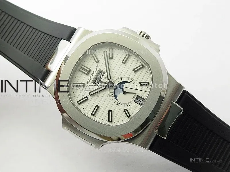 Nautilus 5726 Full Function SS PPF 1:1 Best Edition White Dial on Black Rubber Strap PPF324 (Free Tool)