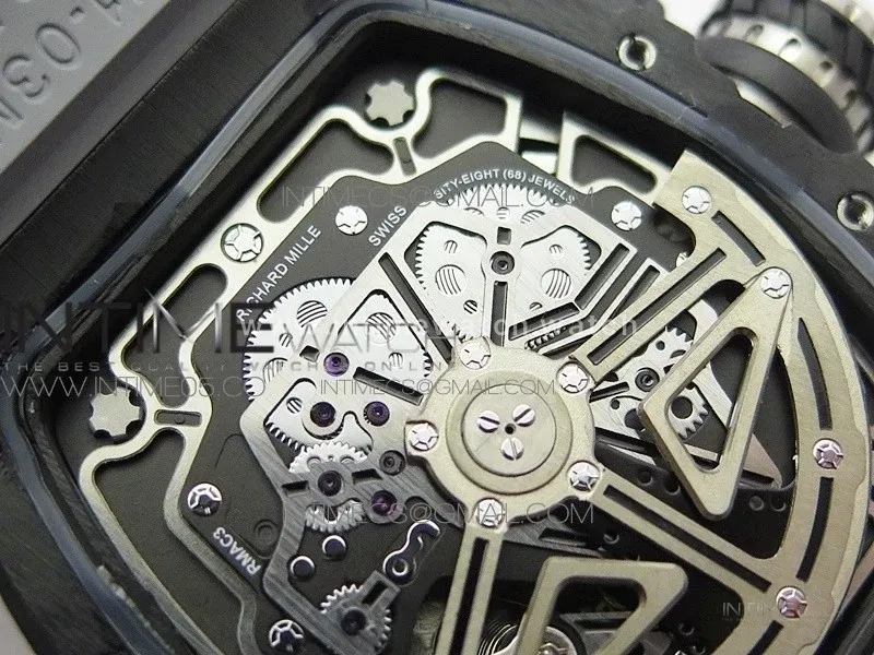 RM011 Carbon Case Chrono KVF 1:1 Best Edition Crystal Skeleton Yellow Dial on Gray Rubber Strap A7750 V2