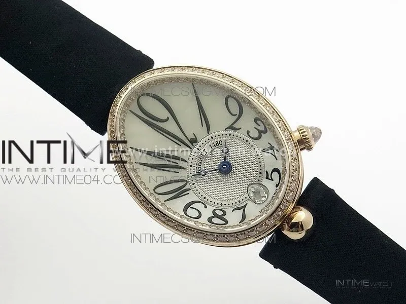 Reine de Naples 8918BB RG ZF 1:1 Best Edition White MOP Dial Diamonds Bezel on Black Fabric Strap A537