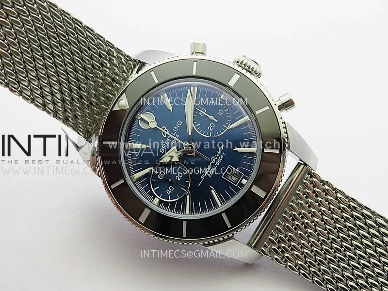 SuperOcean Heritage Chrono 42mm Black Ceramic Bezel B50 Blue Dial On SS Mesh Bracelet A7750