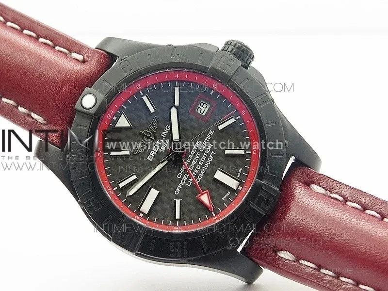 Avenger GMT DLC Black Stick Marker Textured Dial Red Inner Bezel on Leather strap A2836
