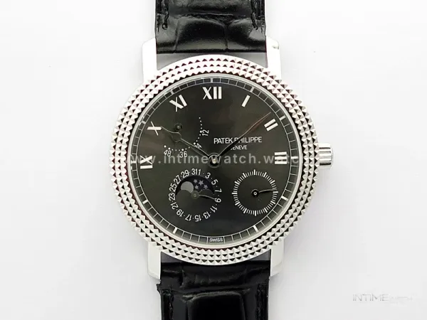 Calatrava 5057 Cortina Watch 50th Anniversary SS 3EF Best Edition Gray Dial on Black Leather Strap A240
