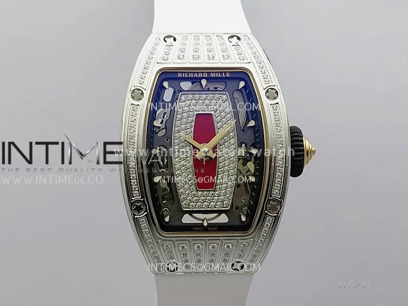 RM07 Paved Diamonds Bezel SS ZF Best Edition Diamond Skeleton Dial On White Rubber Strap Asian CRMA2 Clone