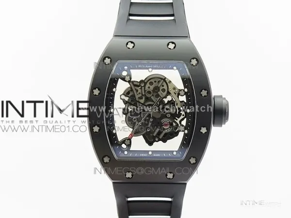 RM055 Real Ceramic Case KVF Best Edition Skeleton Dial Black Crown on Black Rubber Strap MIYOTA8215