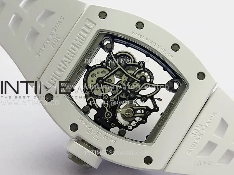 RM055 White Ceramic Umi Office 1:1 Best Edition Skeleton Dial White Rubber Strap RMUL2 Super Clone (Free Sprung)