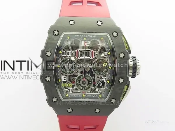 RM011 Carbon Case Chrono KVF 1:1 Best Edition Crystal Skeleton Yellow Dial on Red Rubber Strap A7750 V2