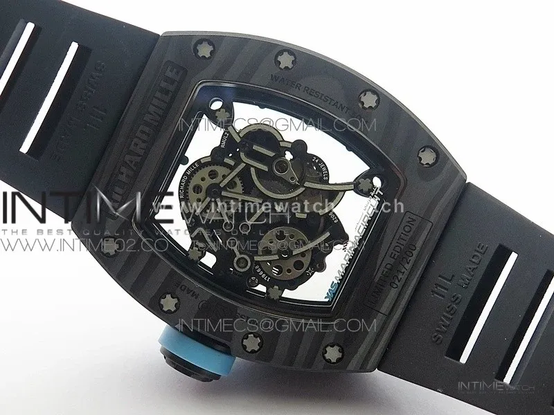 RM055 Carbon Case KVF Best Edition Carbon Bezel Skeleton Dial Blue Crown on black Rubber Strap MIYOTA8215
