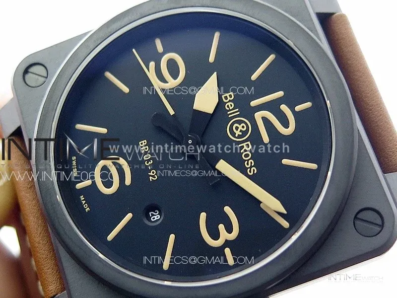 BR 03-92 Real Ceramic 1:1 Best Edition Black Dial Green Markers on Brown Leather Strap MIYOTA 9015