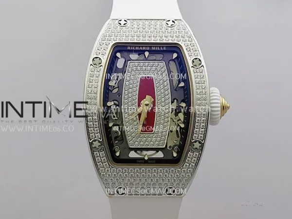 RM07 Full Paved Diamond SS ZF Best Edition Red Diamond Skeleton Dial On White Rubber Strap Asian CRMA2 Clone