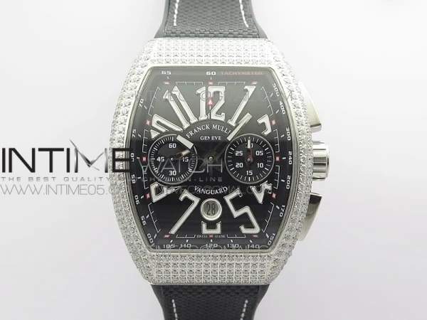 Vanguard V45 Chrono Brushed SS Pave Crystals ABF Best Edition Black Dial on Black Gummy Strap A7750