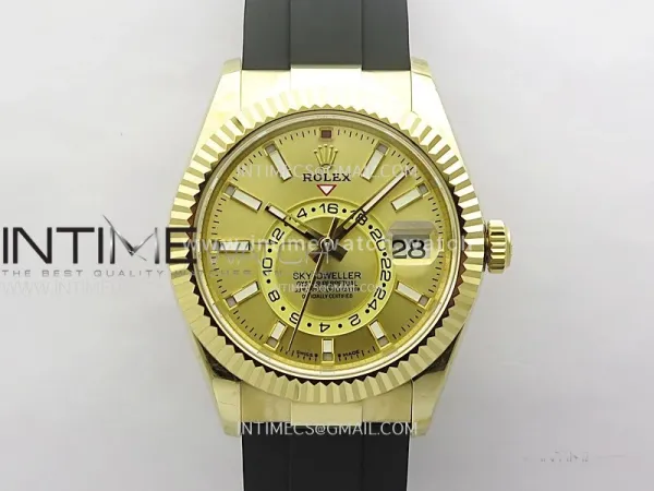 Sky-Dweller 336238 YG Noob 1:1 Best Edition Gold Dial on Black Rubber Strap Asian 23J to 9001