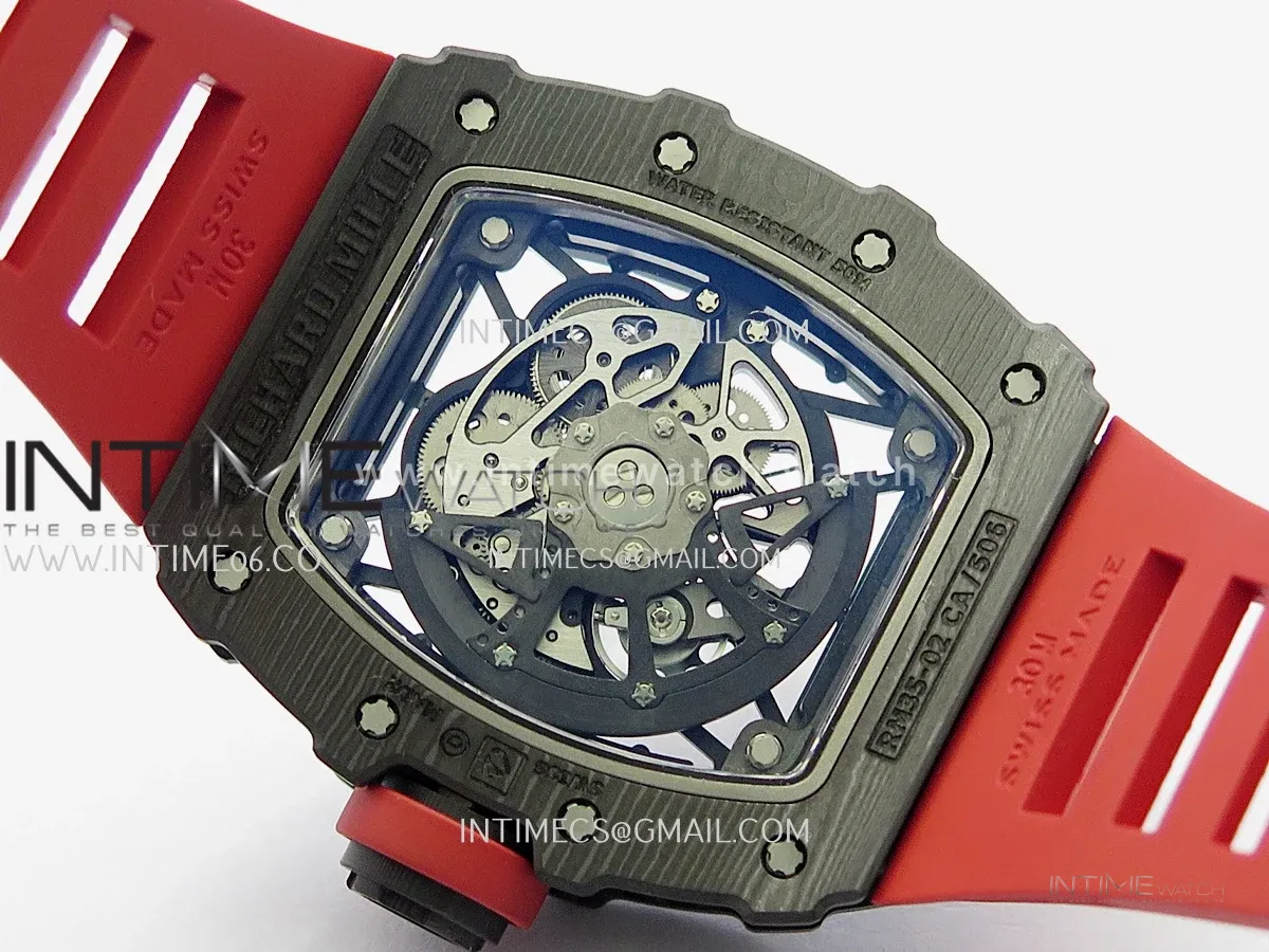 RM035-02 Black NTPT GTF Best Edition Skeleton Dial On Red Rubber Strap RMAL1 Super Clone (Free Sprung)