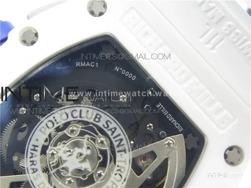 RM011 Real White Ceramic Chronograph KVF 1:1 Best Edition Crystal Skeleton Dial Blue on White Rubber Strap A7750
